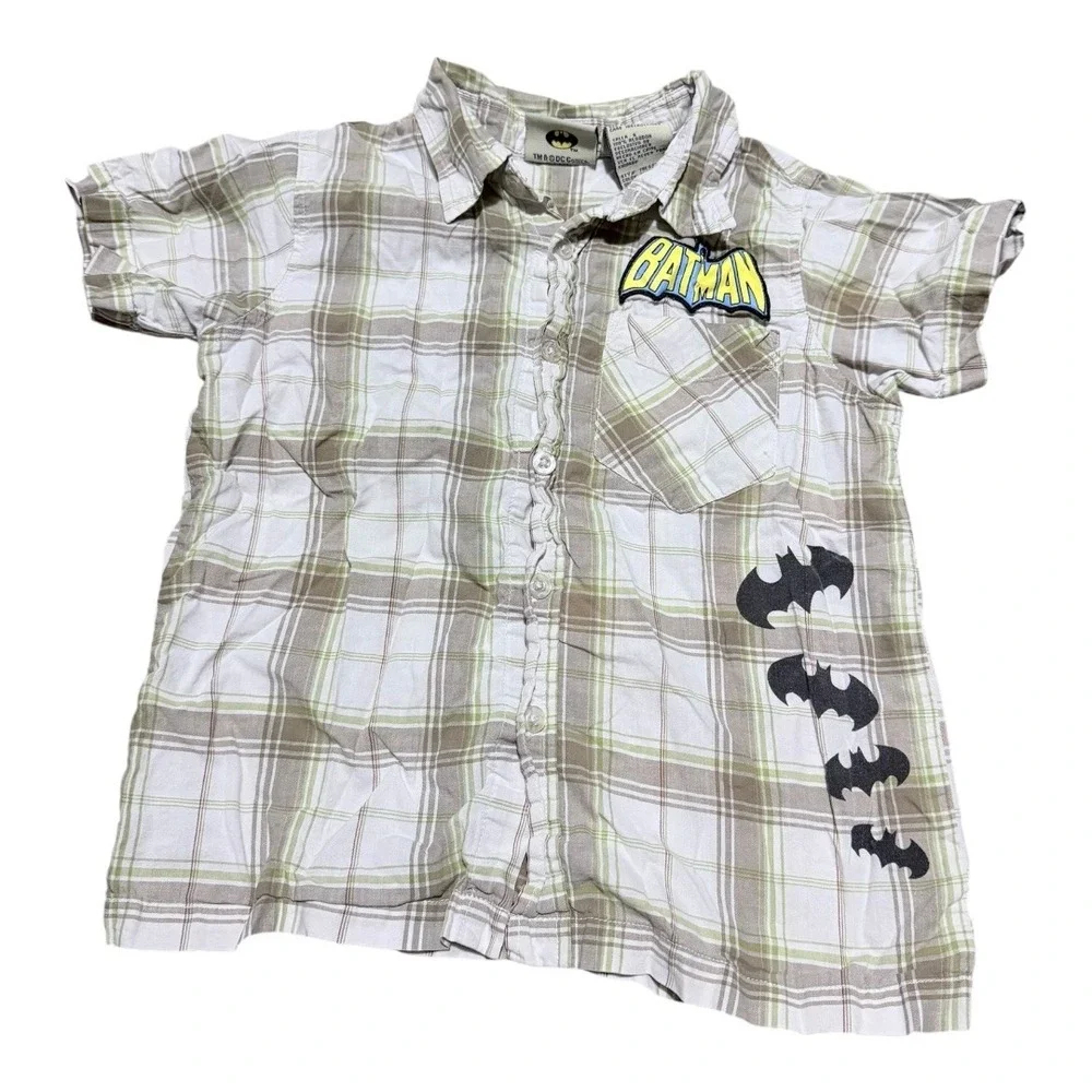 DC Comics Batman Shirt Kids Size 6 Plaid Button Down Short Sleeve Beige Green